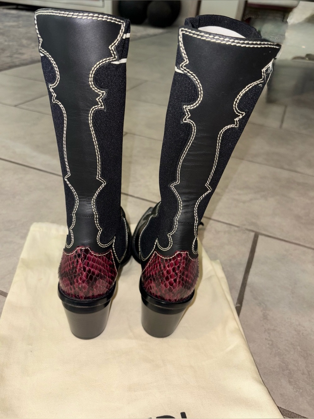 NEW!  FENDI Black Cowboy Sock Calf Boot Leather Snakeskin Heart Stitch Size 38 - Picture 10 of 12